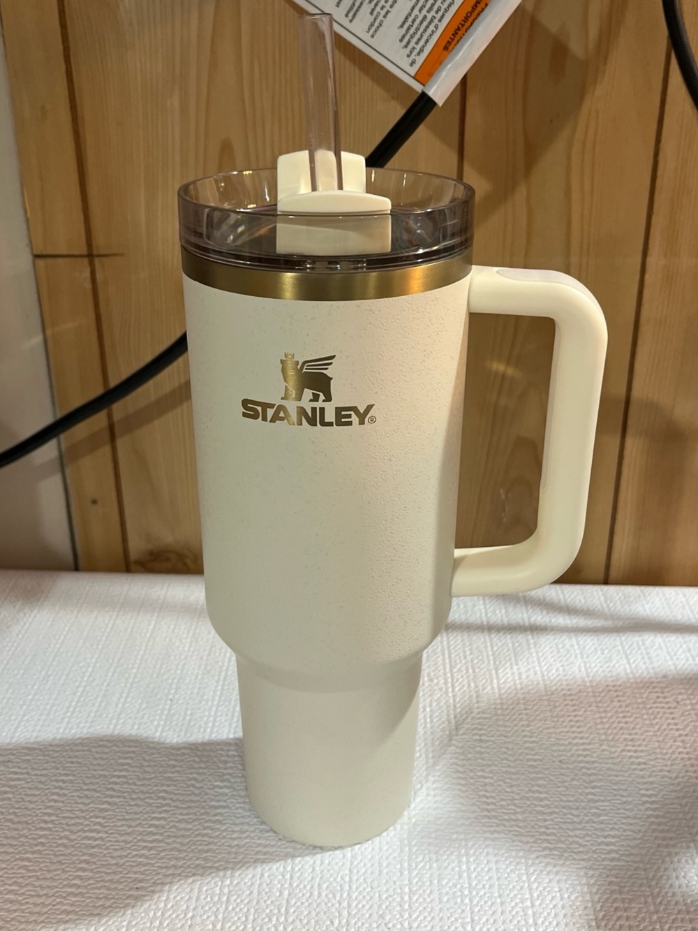 Stanley Cream Travel Tumbler with Gold Accent and Clear Lid